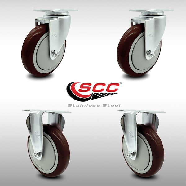 Service Caster 5 Inch SS Maroon Polyurethane Swivel Top Plate Caster Set with 2 Rigid SCC SCC-SS20S514-PPUB-MRN-2-R514-2 - main
